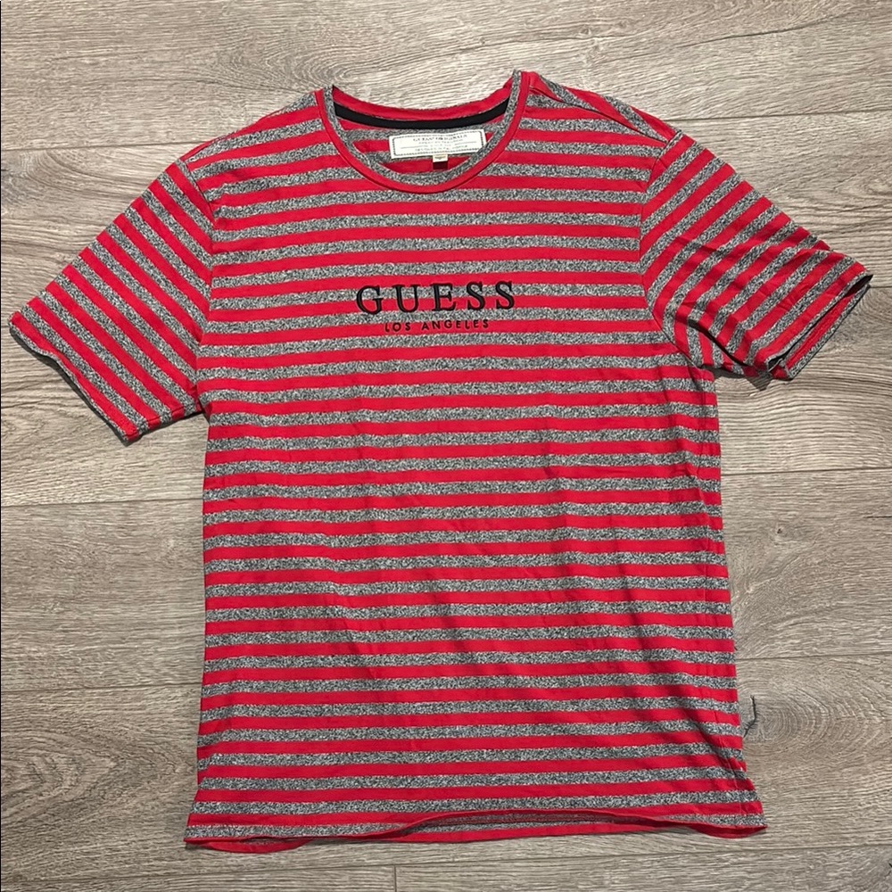 GUESS Red and Gray Striped Short Sleeve Tee